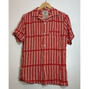 OAS Red Geometric Cuba Shirt Mens Small Short Sleeve Viscose Camp Collar Resort